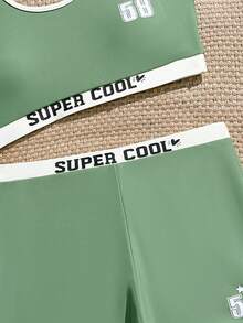 Tween Girls' Summer Beach Vacation Style Letter & Number Print Contrast Binding Tankini Swimsuit Set - Army Green - View 7