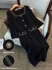 GlowEve CURVE Plus Size Women's Elegant Square Neck Lace Trim Metal Button Long Sleeve Bodycon A-Line Maxi Dress,Black Autumn Dinner Formal Gown Party Dress - Black - View 1