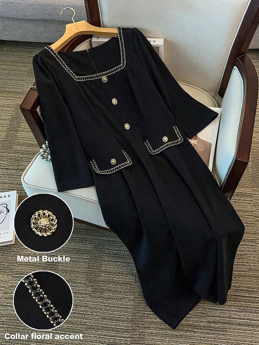 GlowEve CURVE Plus Size Women's Elegant Square Neck Lace Trim Metal Button Long Sleeve Bodycon A-Line Maxi Dress,Black Autumn Dinner Formal Gown Party Dress - Black - View 1