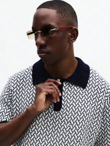 SUMWON Men's Relaxed Quarter Zip Textured Knit Polo Shirt With Geometric Pattern Navy Collar Trim Short Sleeve - Baby Blue - View 4