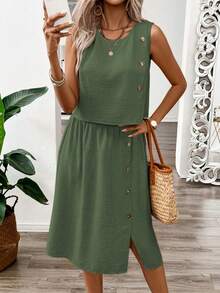 EMERY ROSE Ensemble 2 pièces top sans manches et jupe de couleur unie minimaliste pour femmes - Vert - Voir 3