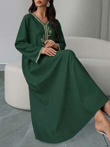 SHEIN Najma 女士腰果花印花V领长袖优雅阿拉伯风长连衣裙，春秋季 - 彩色 - 查看 3