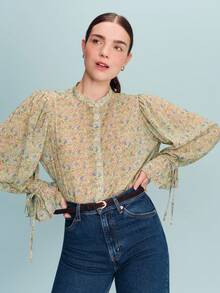 lacRébo Green Floral Print Boho Blouse With Balloon Sleeves And Tie Cuff Detail Spring Summer Business Casual - Multicolor - View 6