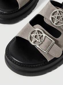 Sugerpunk Sandalias de mujer con estilo punk rock europeo y americano, con hebilla de metal, sandalias romanas de plataforma con cuña gótica para playa y vacaciones de verano, Halloween - Paño gris - Ver 5