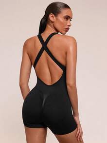 SHEIN BAE Women's Letter Print Backless Criss-Cross Slim Fit Romper Jumpsuit - Black - View 2