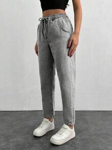 EURMUSE 女士抽绳腰带口袋锥形休闲百搭牛仔裤 - 灰色 - 查看 3