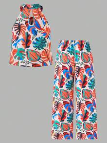 Sparklyn Girls Beach Vacation Basic Halter Shirt + Loose 3/4 Pants Woven Floral 2 Pieces Set - Multicolor - View 2