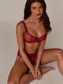SHEIN BAE 女士纯色蕾丝透明性感时尚内衣文胸 - 酒紅色 - 查看 3