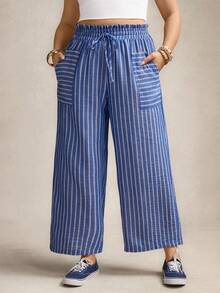 Zelara Plus Size Women's Valentine Striped Print Summer High Waist Loose Casual Pants With Pockets, Suitable For Fall And Autumn - Multicolor - View 5