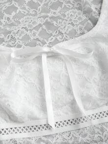 Sweetra Women's Sweet Lace T-Shirt, Ribbon Bow Decor, Square Neck Knit Top, Suitable For Daily, Dates, Gatherings - White - View 4