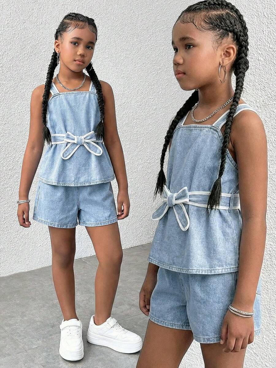 少女休闲时尚百搭浅蓝色水洗牛仔套装 - 藍色 - 查看 1