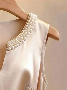 GlowEve Women's Sleeveless Apricot Acetate Dress, Elegant Pearl Trim Design Dress, Everyday Wear - Champagne - View 6