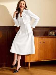 Vintamour Vintage Women Retro Elegant 2pcs Set Corduroy Square Collar A-Line Dress Long Sleeve Cropped Jacket With Pearl Buttons Women Clothes Women Jackets Women Set New Year Eve Dress Winter Women Coat Two Pieces Outfits Winter Outfits Christmas Women Clothes Outfits Long Sleeve Women Red Two Pieces Set Women Dress Party Dress Jacket Winter Women Sets Valentine Day Valentines Valentine's Day Valentine Day Dress Long Sleeve Elegant Dress White Vintage Dress French Style Dress - White - View 5