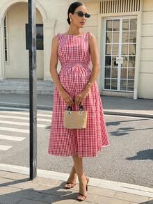 MaterniWear Maternity Plaid Minimalist Sleeveless Casual Dress - Pink - View 7