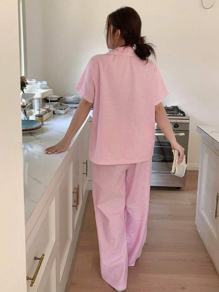 Dazy Plus Plus Size Striped Drop Shoulder Short Sleeve Button Front Pajama Set