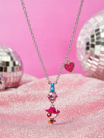 THE POWERPUFF GIRLS X SHEIN 1pc Fashionable Zinc Alloy Cartoon Pattern Rhinestone Decor Necklace, Simple & Cute, Luxury Niche, Suitable For Party, Concert, Festival