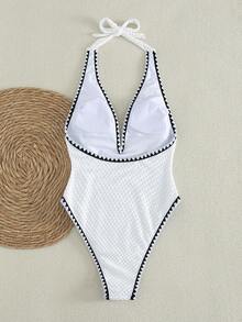 Bonvoyette Women's Deep V-Neck Backless One-Piece Swimsuit, Suitable For Beach & Holiday, Spring/Summer - White - View 2