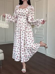 DAZY Women's Elegant Floral Print Square Neck Mid-Length Dress, Spring/Summer Wedding Guest Dress - Pink - View 5