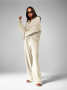 MISSGUIDED Bộ đồ mặc nhà hai mảnh mềm mại dành cho nữ, gồm quần ống rộng và áo hoodie dáng rộng, thoải mái thường ngày. - trắng - Xem 3