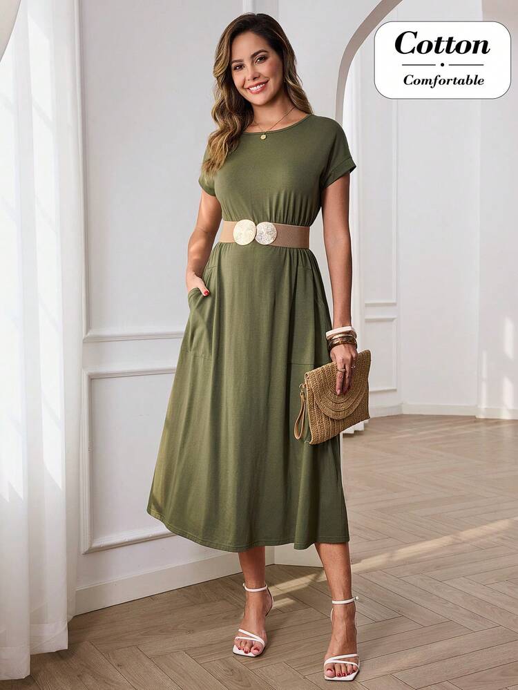 Casual Army Green 100% Cotton Midi Dress For Women Summer Spring Vacation Dress With Belted Waist And Side Pockets, Ideal For Beach Vacation Going Out Casual Daily Wear Easter And Festival Occasions