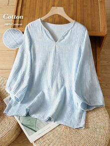 Rusticease Women's Casual Blue Cotton Spring Top 100% Pure Cotton Light Blue Notch Neck Long-Sleeved Top Summer For Women Spring Women Spring Top Elegant Women's Blouses Elegant Blouses For Ladies Vacations Women Casual Blouse For Women Lantern Sleeve Blouse Light Blue Blouse Cotton Top Women Summer Cotton Blouse Loose Fit Blouse - Baby Blue - View 1