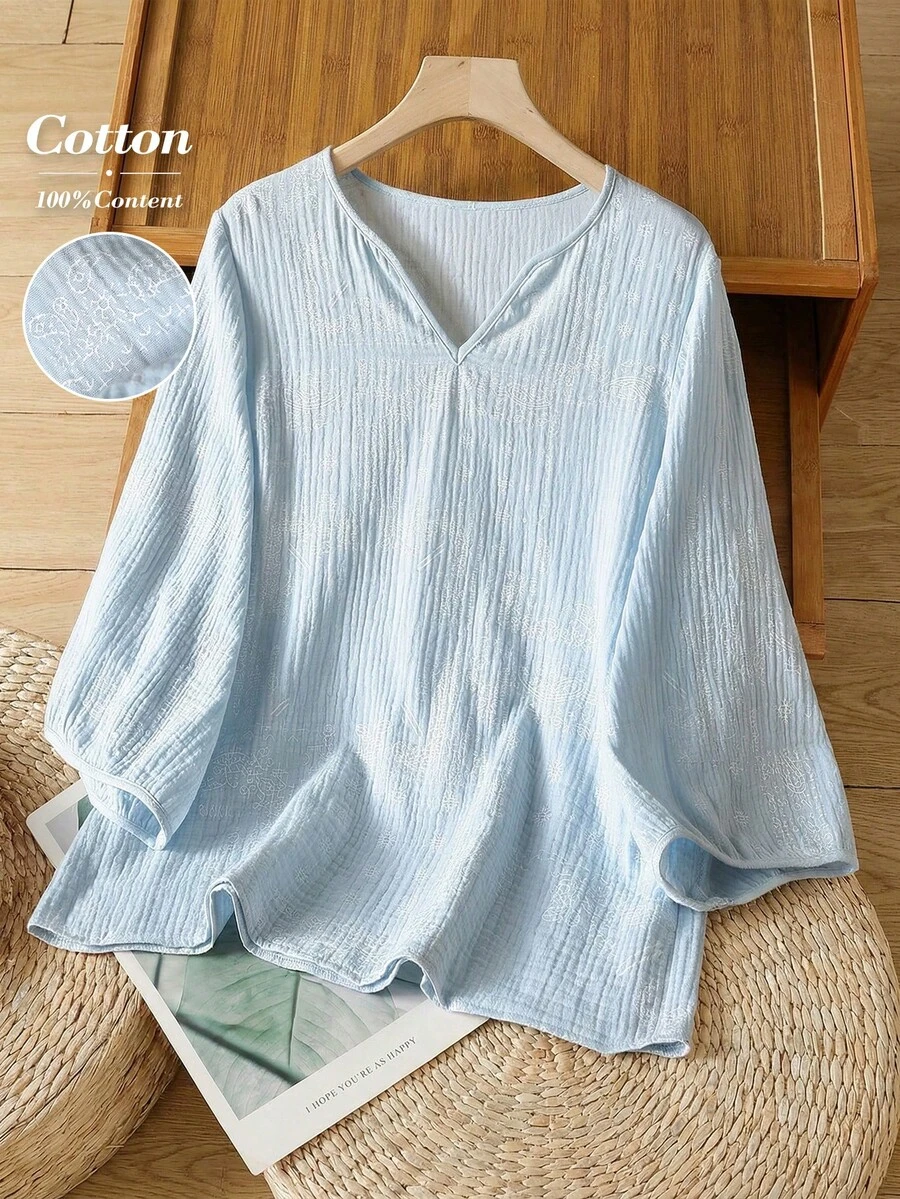 Rusticease Women's Casual Blue Cotton Spring Top 100% Pure Cotton Light Blue Notch Neck Long-Sleeved Top Summer For Women Spring Women Spring Top Elegant Women's Blouses Elegant Blouses For Ladies Vacations Women Casual Blouse For Women Lantern Sleeve Blouse Light Blue Blouse Cotton Top Women Summer Cotton Blouse Loose Fit Blouse - Baby Blue - View 1