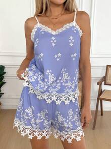 Easowa 2pcs/Set Women Blue Embroidered Camisole & Shorts,White And Blue Floral,Summer,Elegant,Vacation,Holiday Boho Top And Shorts Set Outfits - Blue - View 7