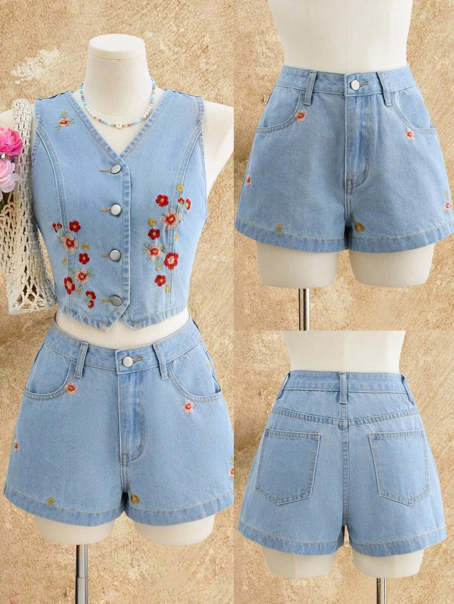 SHEIN MOD Quần short denim ống rộng dáng casual, thêu hoa, có túi xéo, dành cho nữ. - Màu xanh lam - Xem 1