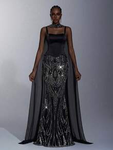 Elitara Đầm đuôi cá sang trọng, đính cườm và sequin, chất liệu satin co giãn, cổ yếm, thích hợp cho đám cưới, tiệc tùng, dạ hội, tiệc chiêu đãi. - màu đen - Xem 1