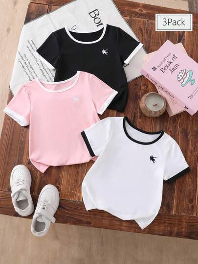3pcs/Set Toddler Girls' Colorblock Short Sleeve T-Shirts, Black/White/Pink, Loose Crew Neck, Pony Print Pattern, Versatile Basic Tops, Contrast Color Trim At Neckline And Sleeves, Soft Breathable Fabric, Flattering Shoulder Design, Suitable For Daily, Casual, Outings, Simple Yet Stylish Essential For Spring And Summer Wardrobe