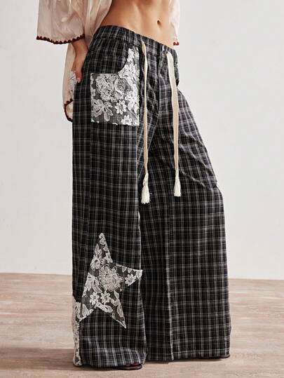 Bohemela Boho Spring/Summer Women's Pants, Featuring A Loose Straight‑Leg Silhouette With Vintage Plaid And Handcrafted Lace Patchwork Color‑Block Design. Suitable For Beach Vacation Outfits, Daily Wear, Music Festival And Party Looks, Back‑To‑School Outfits, American Street Style, Y2K Fashion, As Well As Sports, Outings, Cycling, Parties, Valentine's Day, Carnivals, And Music Festivals.