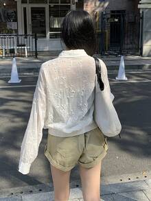 Livesso Spring & Summer Vacation Outfit, White High Collar Textured Large Pocket Loose Women Regular Jacket - White - View 2