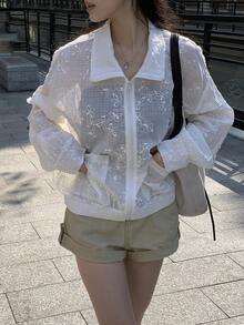 Livesso Spring & Summer Vacation Outfit, White High Collar Textured Large Pocket Loose Women Regular Jacket - White - View 5