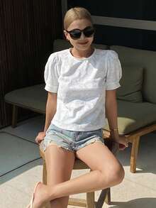 Livesso Women's Loose Fit T-Shirt With Textured White Puff Sleeves, Summer - White - View 4