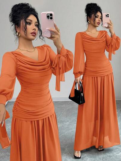 Elenzga Vestido de gasa elegante para mujer con cuello con volantes, mangas farol, diseño de cintura con lazo, adecuado para ocasiones formales como cóctel, boda, ceremonia de graduación, Halloween, Navidad, Día Nacional, Año Nuevo, Marrón