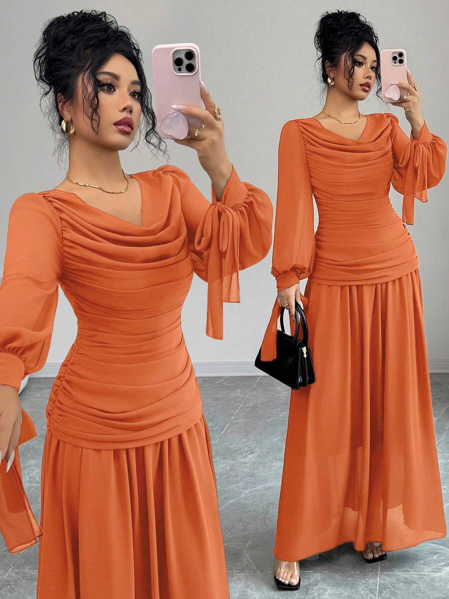 Elenzga Đầm chiffon thanh lịch dành cho nữ, cổ bèo nhún, tay phồng, thiết kế thắt eo, thích hợp cho các dịp trang trọng như tiệc cocktail, đám cưới, lễ tốt nghiệp, Halloween, Giáng sinh, Quốc khánh, Năm mới, màu nâu. - trái cam - Xem 1