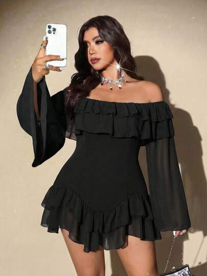 Viva Relle Plus Size Women's Elegant Romantic Sexy Black & White Patchwork Flowy Chiffon Off Shoulder Ruffle Elastic Fitted Long Sleeve Flare Sleeve Mini Dress, Suitable For Valentine's Day