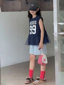 Dazy Kids 少女圆领无袖印花T恤，夏季 - 藏蓝色 - 查看 3