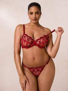 SHEIN BAE Bộ đồ lót và áo ngực gợi cảm màu đỏ anh đào cỡ lớn 2 chiếc, nâng ngực - Màu Đỏ Sâu - Xem 4