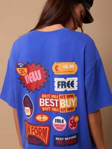 SURIMA 女士宽松蓝色印花短袖落肩T恤，夏季 - 藍色 - 查看 5