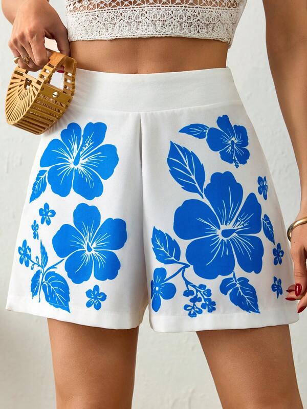 Cloudara Pantaloncini casual larghi da donna con stampa blu, adatti per le vacanze estive