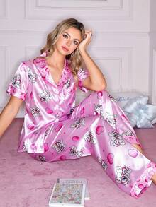 Cute Cat Animal Print Pajamas, Lovely Heart Design Satin Lapel Sleepwear Set For Women - Multicolor - View 4