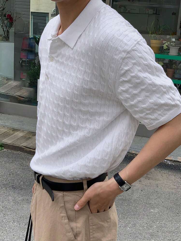 Men's Solid Color Polo Neck Knit Top, Summer