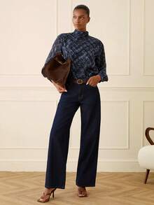 Lilora 女士优雅提花针织高领长袖衬衫 - 藍色 - 查看 1