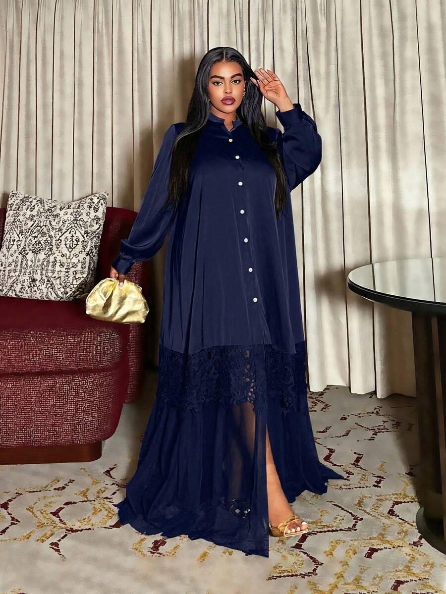 Maweii Plus Size Women Casual Vacation Daily Cardigan With Button, Ruffle Hem & Mesh Patchwork, Loose & Comfortable A-Line Dress - Blue - View 1