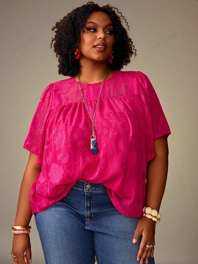 EMERY ROSE Plus Size Women's Spring/Summer  Casual Vacation Cutout Solid Fuchsia Blouse Shirt,Early Spring,Spring Break Outfits ,Vacation Outfits Women ,Holiday Outfits For Women,Spring Clothes Women,Going Out Outfits,2026 New Clothes,Simple And Fashionable For Everyday Wear, Plus Size Blouses, Plus Size Pink Tops, Plus Size Summer Tops, Plus Size Women Clothes Blouse, Pink Floral Tops