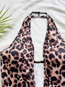Soleia Women's Fashionable Leopard Print Deep V-Neck Halter Bodysuit, Summer - Multicolor - View 4