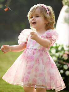 女宝宝优雅花卉图案可爱薄纱公主裙 - 彩色 - 查看 6