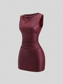 Sweetra 女士纯色无袖垂领时尚夏季简约修身连衣裙 - 酒紅色 - 查看 1
