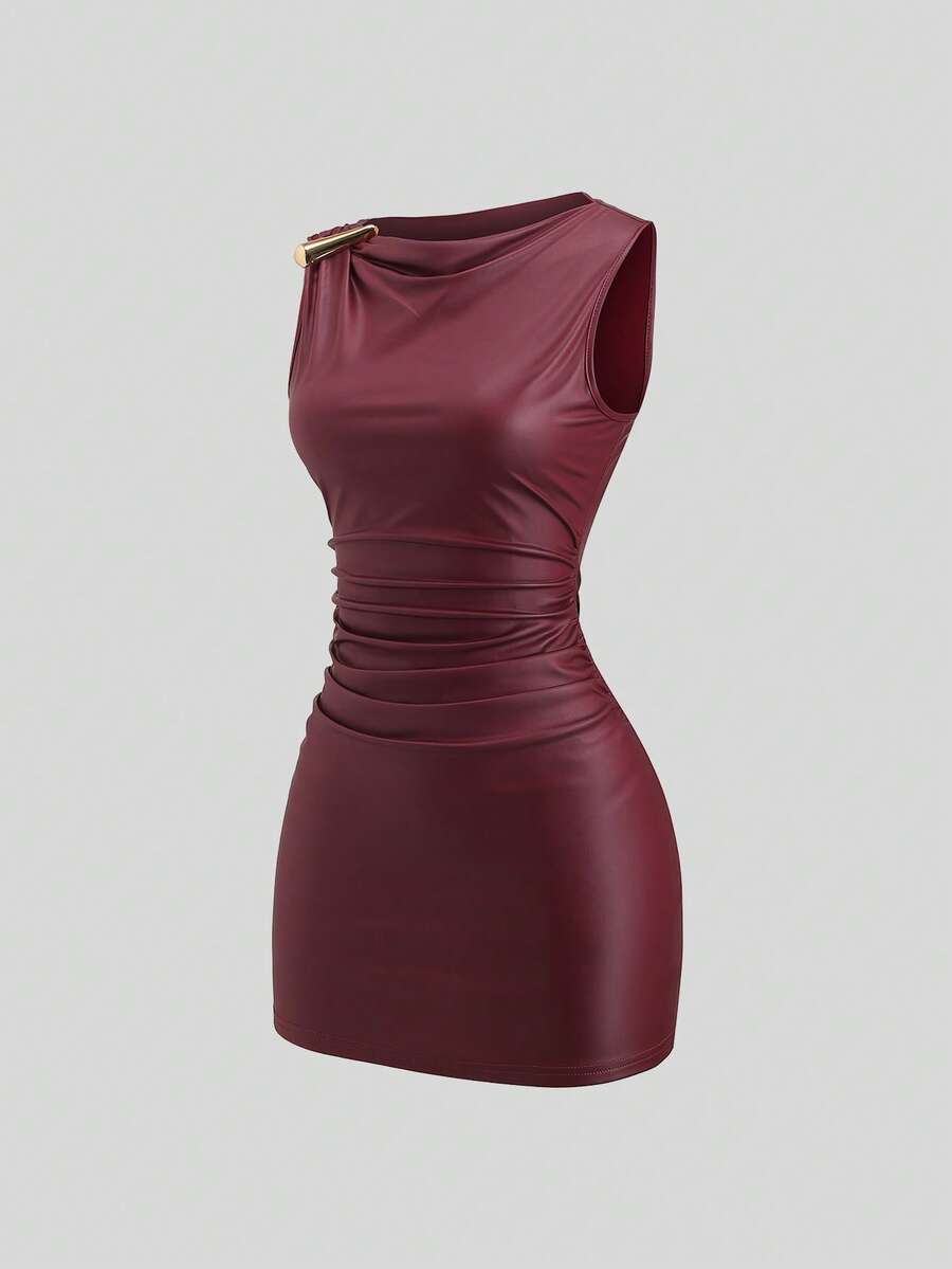 Sweetra 女士纯色无袖垂领时尚夏季简约修身连衣裙 - 酒紅色 - 查看 1